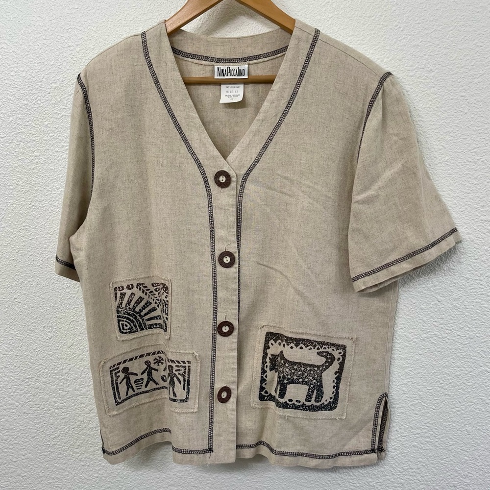 Nina Piccalino Natural Beige Linen V-Neck Top Aztec Tribal Animal Vintage